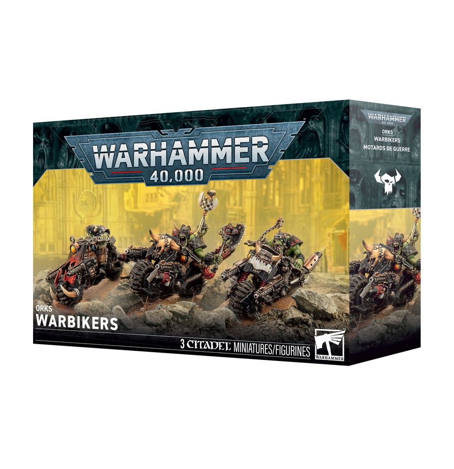 Warhammer 40,000 - Orks - Warbikers (PREORDER) - Boxed set of Warhammer 40,000 Orks Warbikers featuring eight green-skinned Ork miniatures riding rugged, heavily armed.