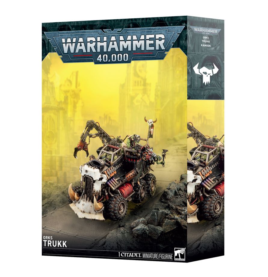 Warhammer 40,000 - Orks - Trukk (PREORDER) - Warhammer 40,000 Orks Trukk boxed miniature kit with heavily armored, spiked, red and metallic ork vehicle on rocky terrain.