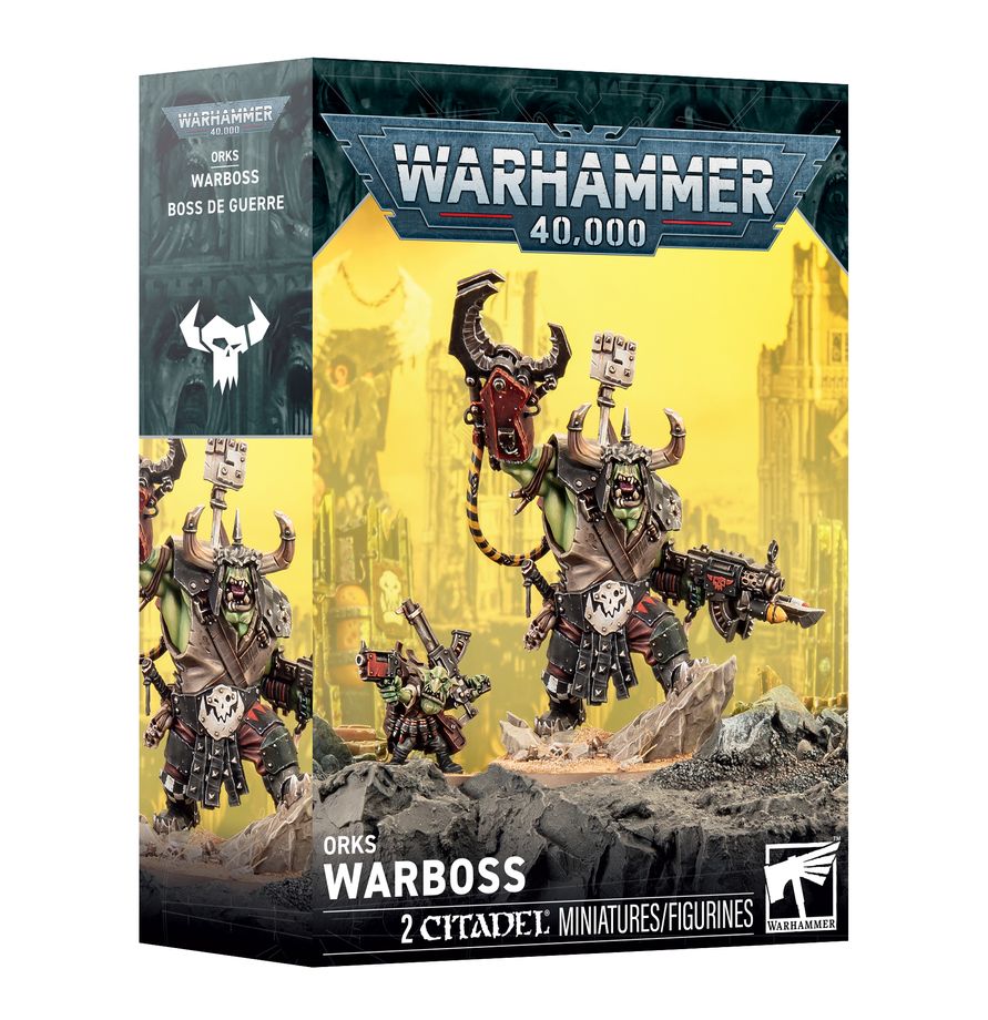 Warhammer 40,000 - Orks - Warboss (PREORDER) - Warhammer 40,000 Orks Warboss box art featuring a large green armored Ork wielding weapons amid a rocky yellow battlefield.