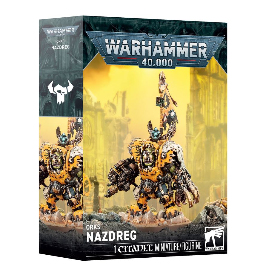 Warhammer 40,000 - Orks - Nazdreg - Warhammer 40,000 Orks Nazdreg miniature with mechanical armor and detailed weaponry in brown and metallic tones on sci-fi.