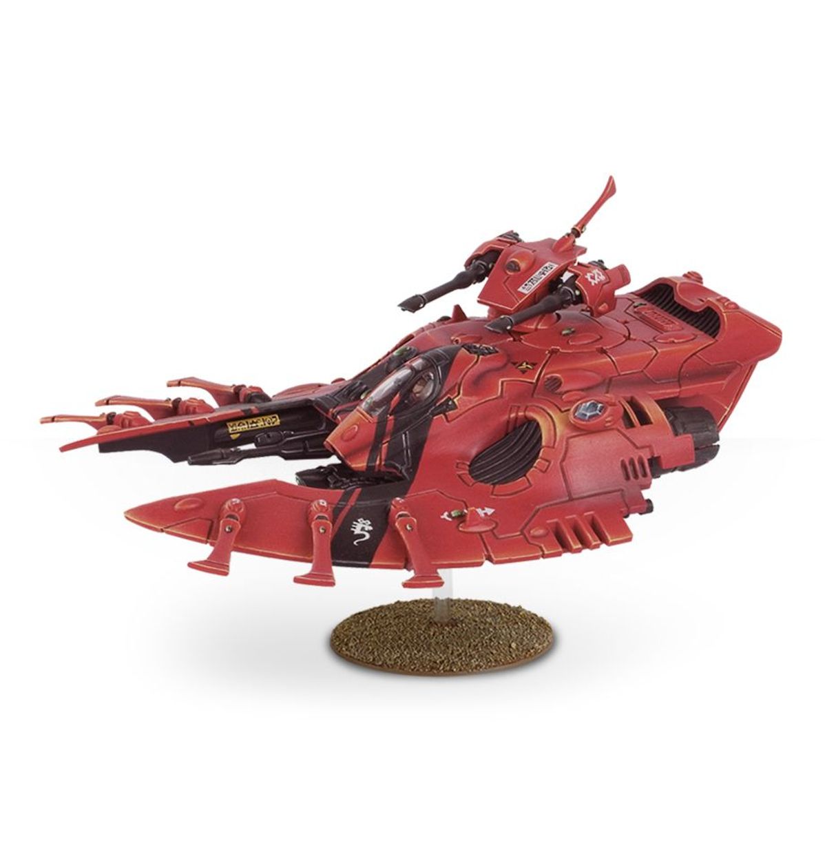 Warhammer 40,000 - Aeldari - Wave Serpent - Red and black sleek futuristic spaceship model with angular armor and mounted weapons on a round textured base.