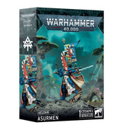 Warhammer 40,000 - Aeldari - Asurmen - Detailed painted Warhammer 40,000 Aeldari Asurmen miniature in blue and gold armor with a cape and sword.