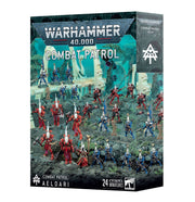 Warhammer 40,000 - Aeldari - Combat Patrol - Warhammer 40,000 Aeldari Combat Patrol box featuring detailed red and blue Eldar miniatures on a battlefield backdrop,.