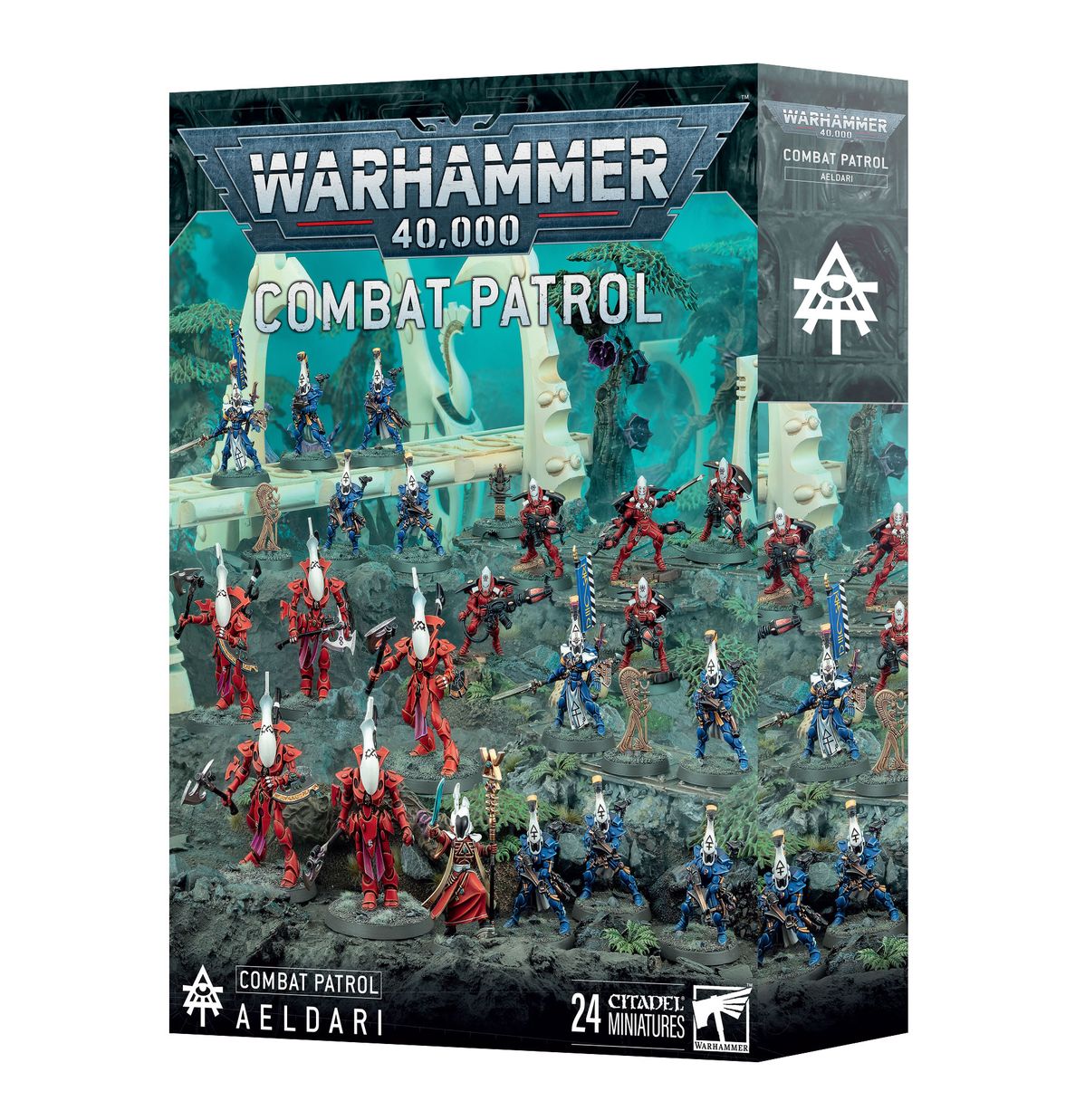 Warhammer 40,000 - Aeldari - Combat Patrol - Warhammer 40,000 Aeldari Combat Patrol box featuring detailed red and blue Eldar miniatures on a battlefield backdrop,.