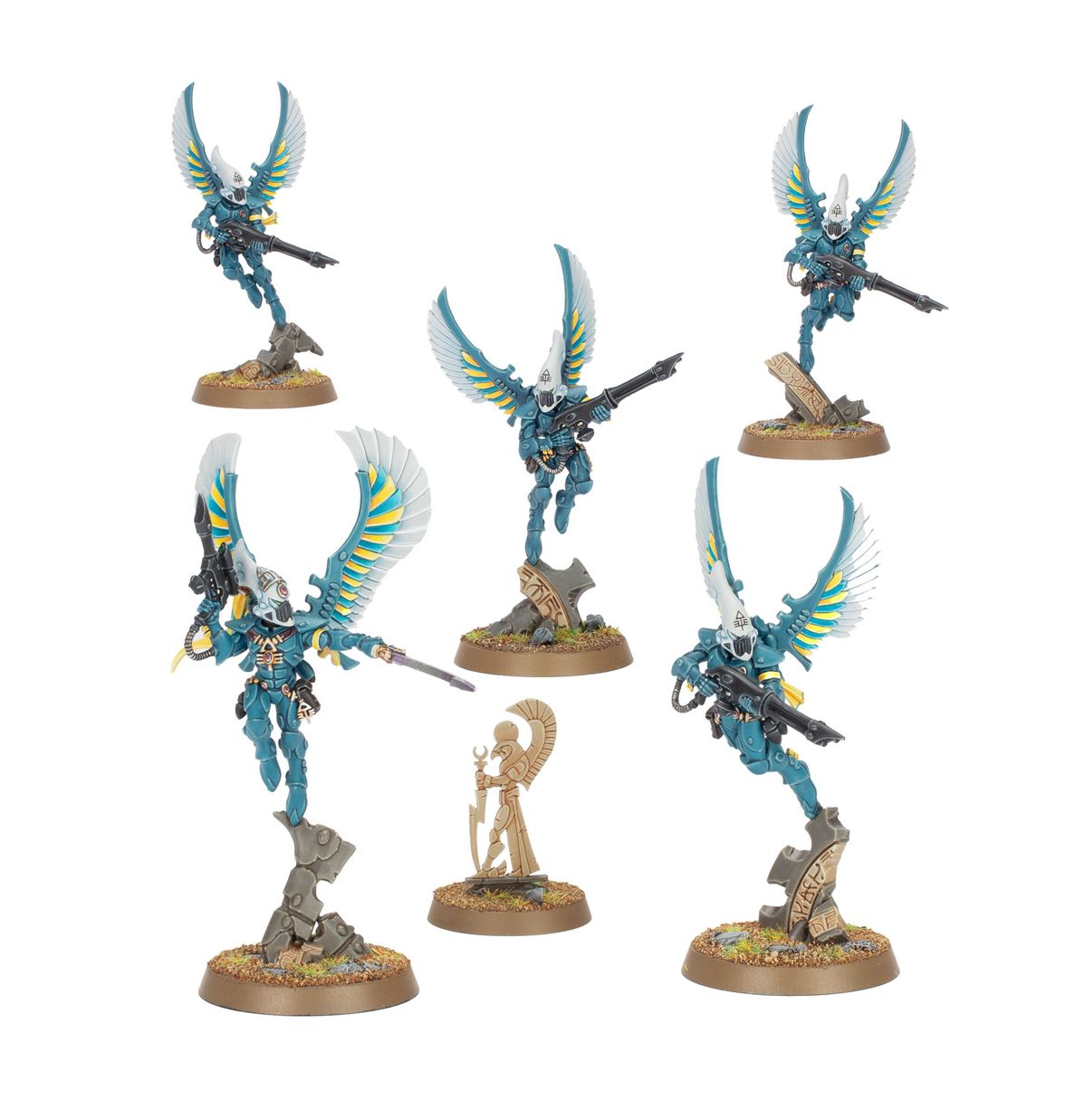 Warhammer 40,000 - Aeldari - Swooping Hawks - Set of five blue and yellow armored Eldar swooping hawk miniatures with large wings, dynamic airborne poses on rocky bases,.
