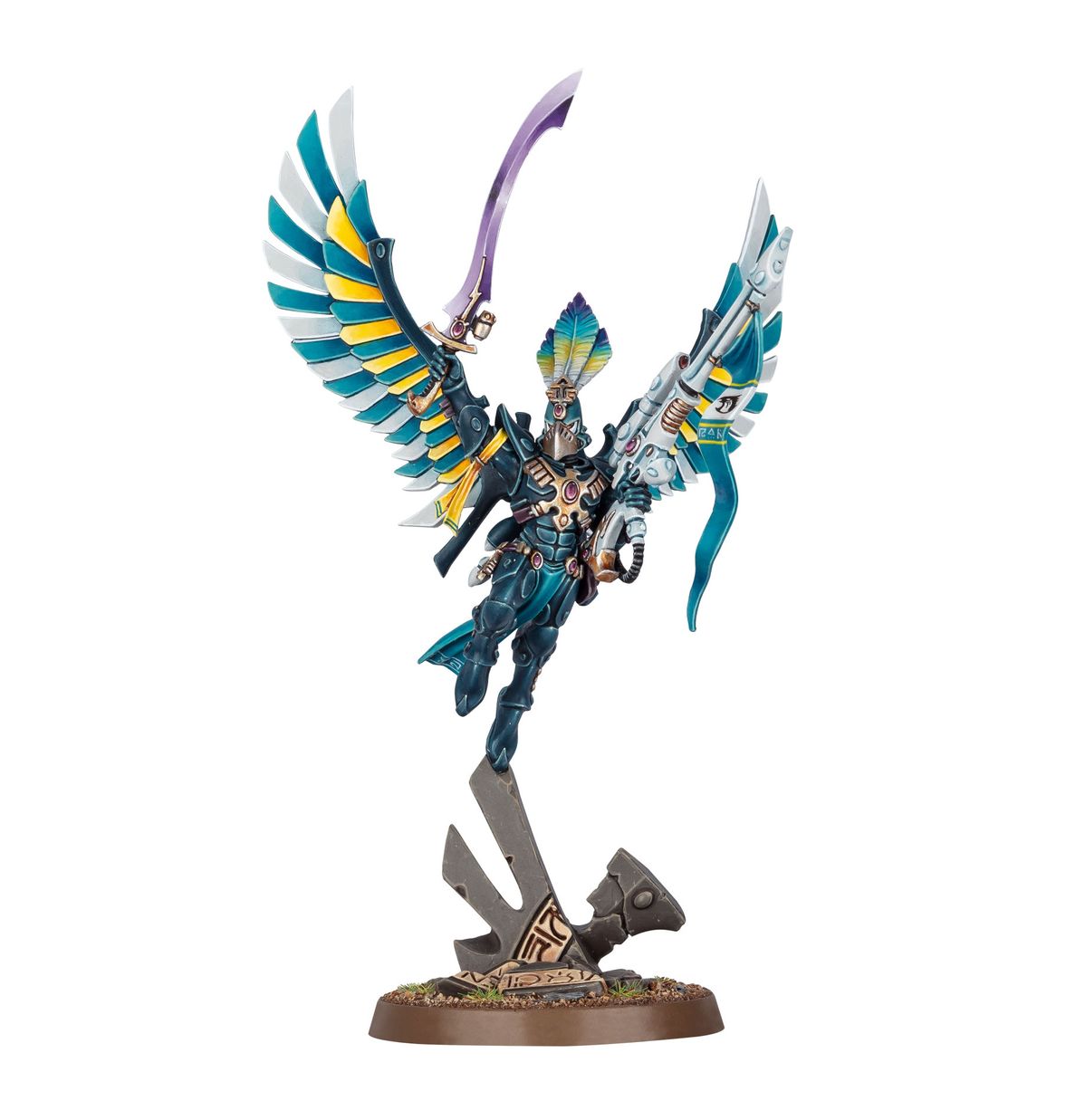 Warhammer 40,000 - Aeldari - Baharroth - Flying armored figure with large teal and yellow wings wielding a glowing purple sword and ornate weapons on a detailed base.