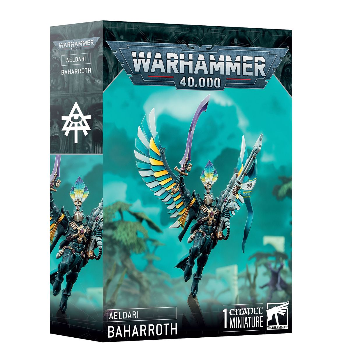 Warhammer 40,000 - Aeldari - Baharroth - Warhammer 40,000 Aeldari Baharroth miniature box featuring a winged armored warrior with blue and gold details wielding a.