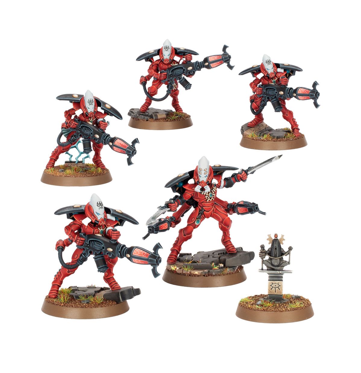Warhammer 40,000 - Aeldari - Warp Spiders - Five red armored miniatures with white helmets and black weapons, posed dynamically on textured round bases, one with a.