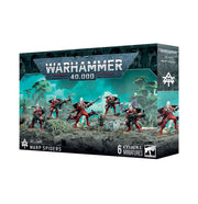 Warhammer 40,000 - Aeldari - Warp Spiders - Warhammer 40,000 Aeldari Warp Spiders box featuring six red-armored sci-fi warrior miniatures with sleek helmets and jet.