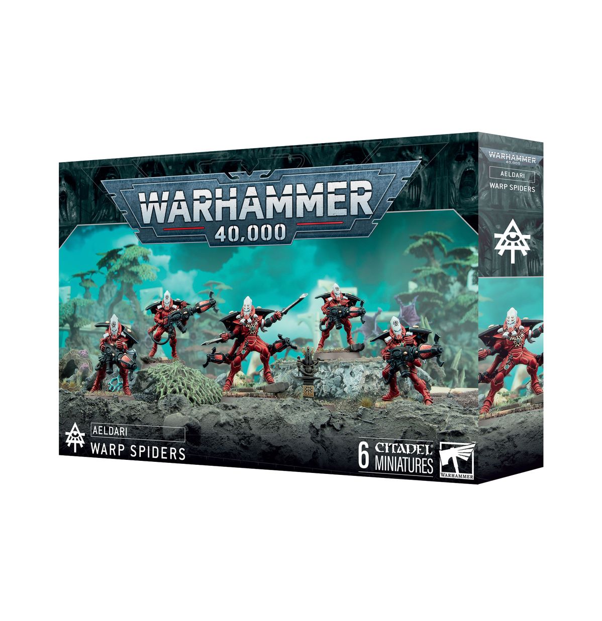 Warhammer 40,000 - Aeldari - Warp Spiders - Warhammer 40,000 Aeldari Warp Spiders box featuring six red-armored sci-fi warrior miniatures with sleek helmets and jet.
