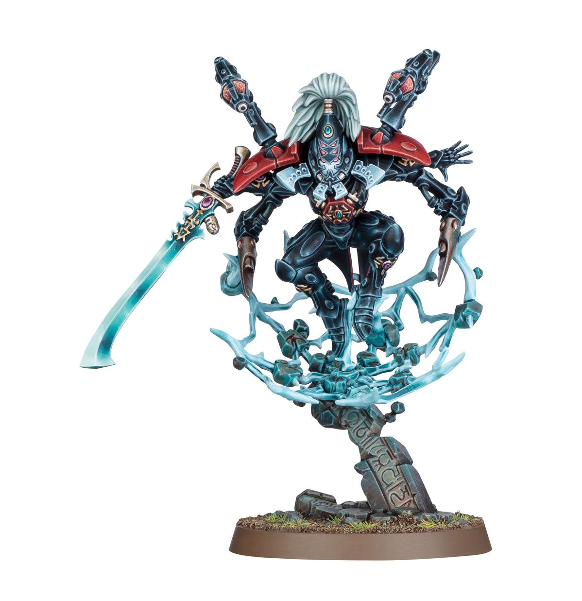 Warhammer 40,000 - Aeldari - Lhykhis - Dynamic miniature figure of a silver-haired warrior with red and black armor wielding a glowing blue curved sword,.