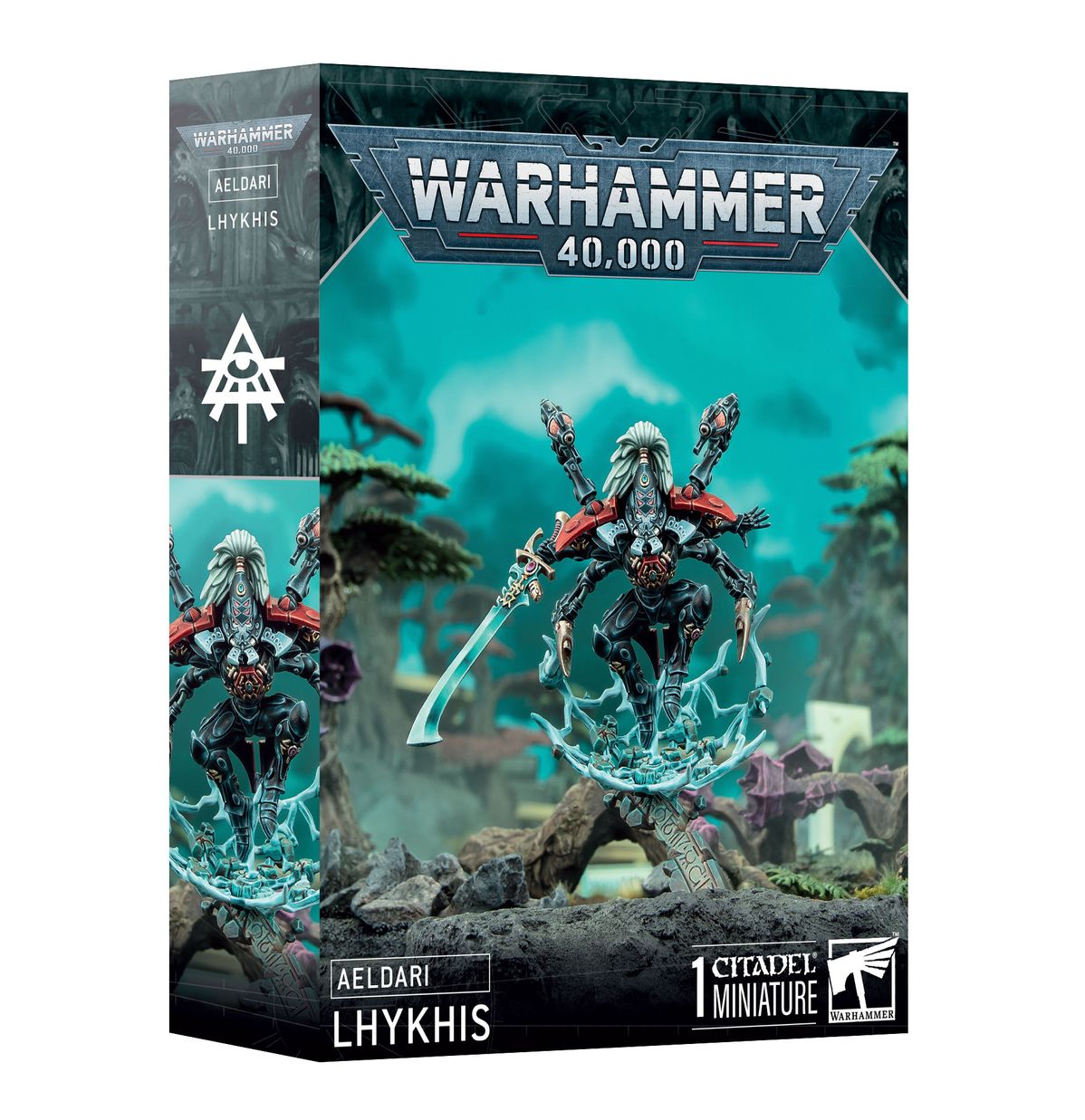 Warhammer 40,000 - Aeldari - Lhykhis - Warhammer 40,000 Aeldari Lhykhis Citadel miniature box featuring a blue and silver armored figure with energy effects and a.