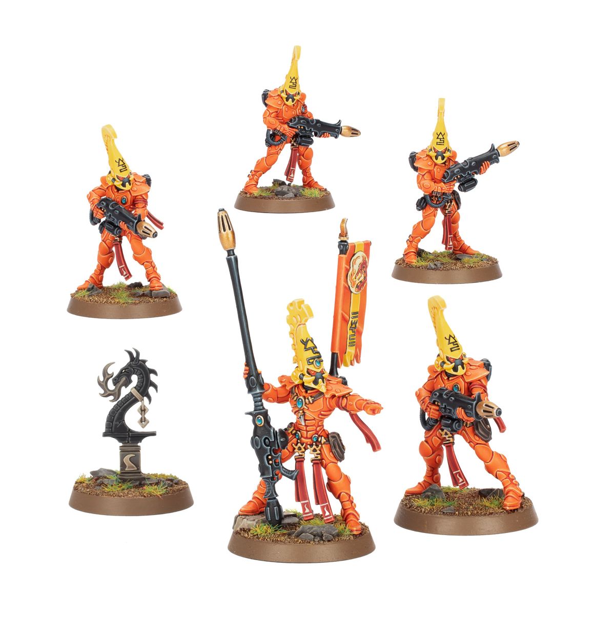 Warhammer 40,000 - Aeldari - Fire Dragons - Five Warhammer 40,000 Aeldari Fire Dragons miniatures with bright orange armor, black weapons, and yellow crests on textured