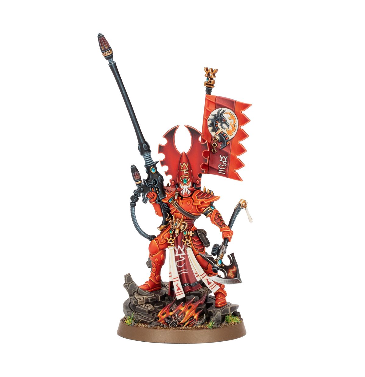 Warhammer 40,000 - Aeldari - Fuegan - Detailed red and black armored Warhammer 40,000 Aeldari Fuegan miniature holding a long spear and banner on a rocky base.