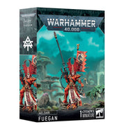 Warhammer 40,000 - Aeldari - Fuegan - Warhammer 40,000 Aeldari Fuegan miniature box art featuring a red-armored warrior with a long spear and ornate banner.