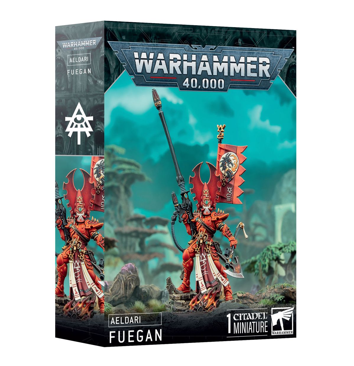 Warhammer 40,000 - Aeldari - Fuegan - Warhammer 40,000 Aeldari Fuegan miniature box art featuring a red-armored warrior with a long spear and ornate banner.