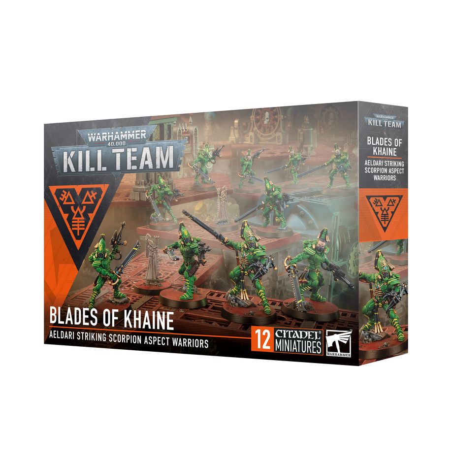 Warhammer 40,000 - Kill Team - Blades of Khaine - Warhammer 40,000 Kill Team Blades of Khaine box featuring green and bronze painted scorpion-themed miniatures with weapons.