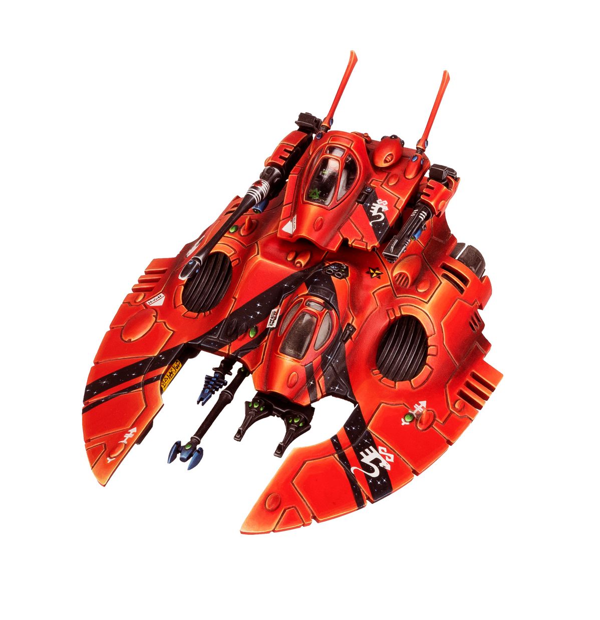 Warhammer 40,000 - Aeldari - Wave Serpent - Red sleek futuristic tank model with curved armor, twin missile launchers, and black detailing.