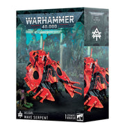 Warhammer 40,000 - Aeldari - Wave Serpent - Red and black sleek Wave Serpent tank model with curved armor and detailed sci-fi design on Warhammer 40,000 box.