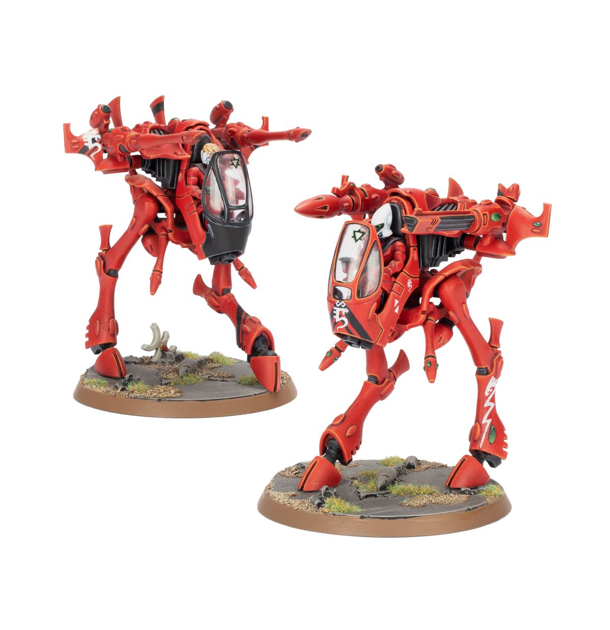 Warhammer 40,000 - Aeldari - War Walkers - Red and black Aeldari War Walkers with sleek armored legs and cockpit, detailed sci-fi design.