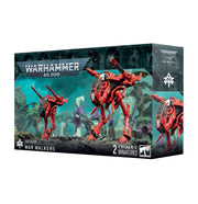 Warhammer 40,000 - Aeldari - War Walkers - Red robotic War Walkers with sleek, angular armor and long weapons, Warhammer 40,000 models kit.