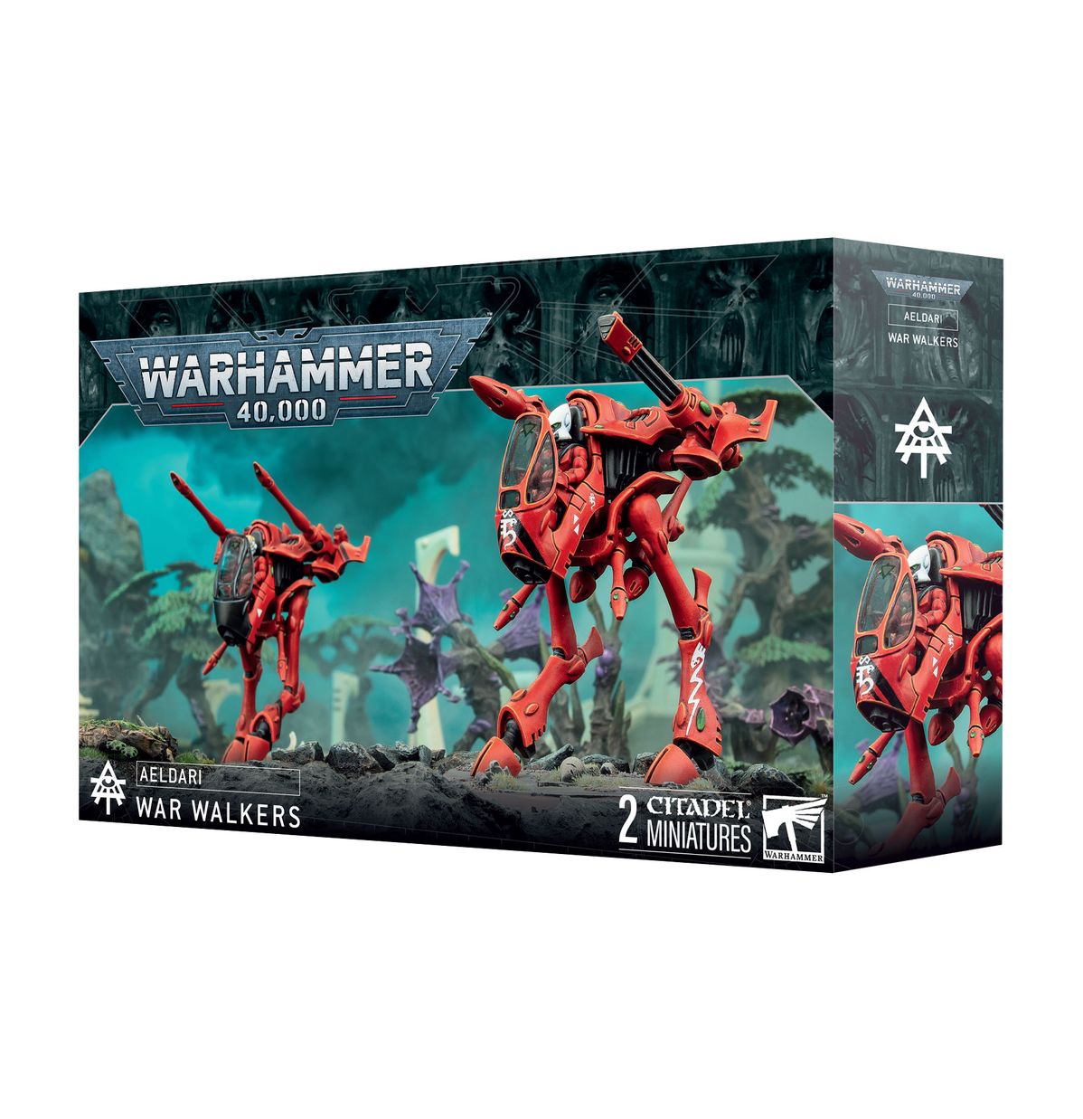 Warhammer 40,000 - Aeldari - War Walkers - Red robotic War Walkers with sleek, angular armor and long weapons, Warhammer 40,000 models kit.