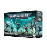 Warhammer 40,000 - Aeldari - Corsair Skyreavers (PREORDER) - Boxed set of five Aeldari Corsair Skyreavers miniatures with sleek armor, sleek helmets, and jetpacks in teal and metallic.