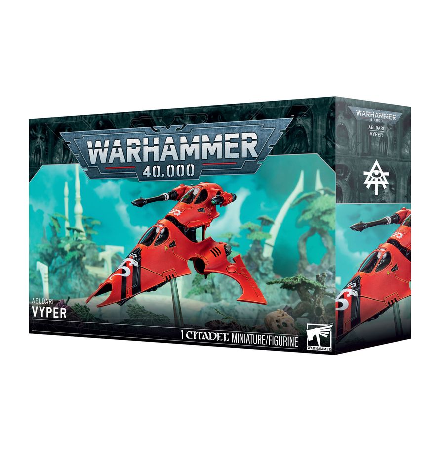 Warhammer 40,000 - Aeldari - Vyper/Starfang (PREORDER) - Red and black sleek futuristic jet model with sharp wings and weaponry, Warhammer 40,000 Vyper Starfang box art.