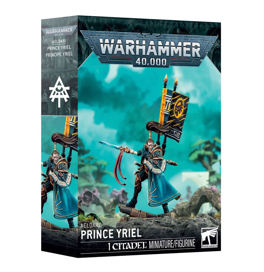 Warhammer 40,000 - Aeldari - Prince Yriel (PREORDER) - Warhammer 40,000 Prince Yriel miniature figure with blue cloak, ornate black and gold armor, and a tall banner on a rocky.