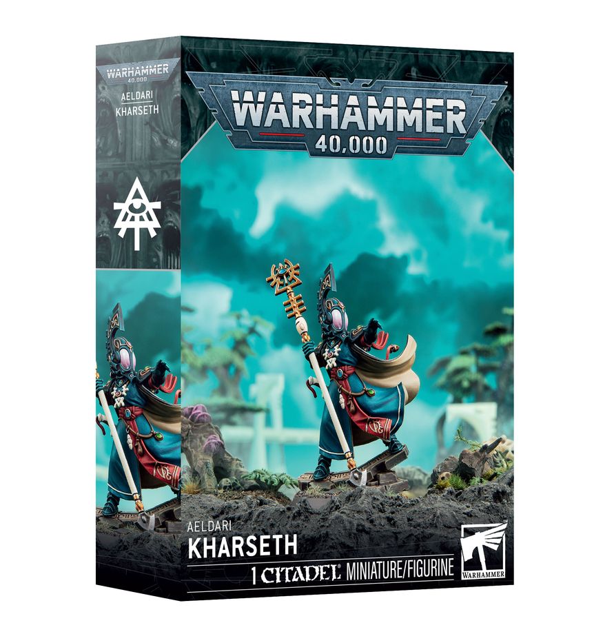 Warhammer 40,000 - Aeldari - Kharseth (PREORDER) - Warhammer 40,000 Aeldari Kharseth miniature box showing a green, black, and gold armored figure wielding an ornate staff.