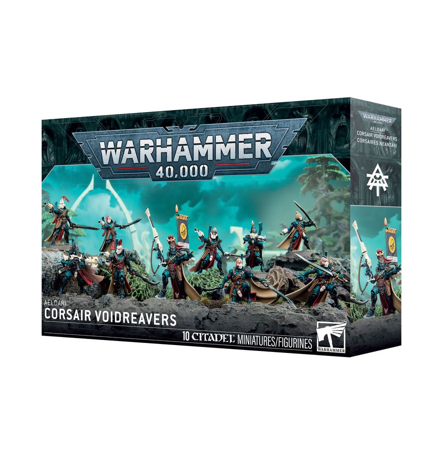 Warhammer 40,000 - Aeldari - Corsair Voidreavers (PREORDER) - Boxed Warhammer 40,000 Corsair Voidreavers set featuring detailed sci-fi warrior miniatures in dynamic poses with sleek.