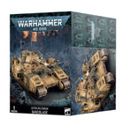 Warhammer 40,000 - Astra Militarum - Baneblade - Tan armored futuristic tank model with multiple turrets and heavy weaponry from Warhammer 40,000 Astra Militarum series.