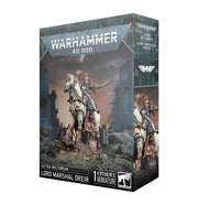 Warhammer 40,000 - Astra Militarum - Lord Marshal Drier - Warhammer 40,000 Astra Militarum Lord Marshal Drier miniature box with armored figure on horseback holding a sword amid.