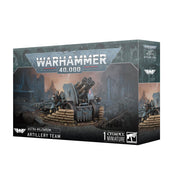 Warhammer 40,000 - Astra Militarum - Artillery Team - Warhammer 40,000 Astra Militarum Artillery Team box featuring painted miniature crew operating large cannon in urban.