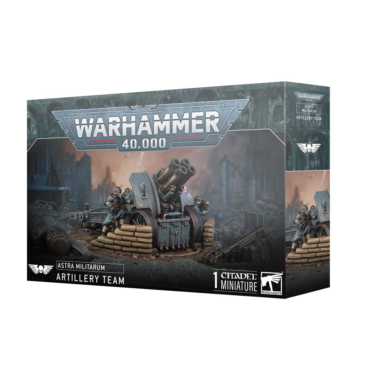 Warhammer 40,000 - Astra Militarum - Artillery Team - Warhammer 40,000 Astra Militarum Artillery Team box featuring painted miniature crew operating large cannon in urban.