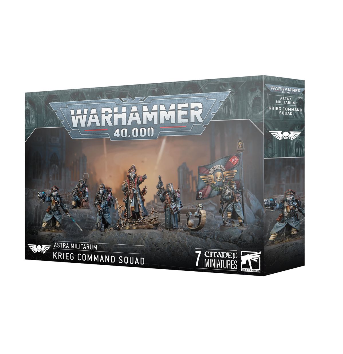 Warhammer 40,000 - Astra Militarum - Kreig Command Squad - Boxed set of seven detailed plastic miniatures depicting armored soldiers in dark military uniforms with weapons and gear.