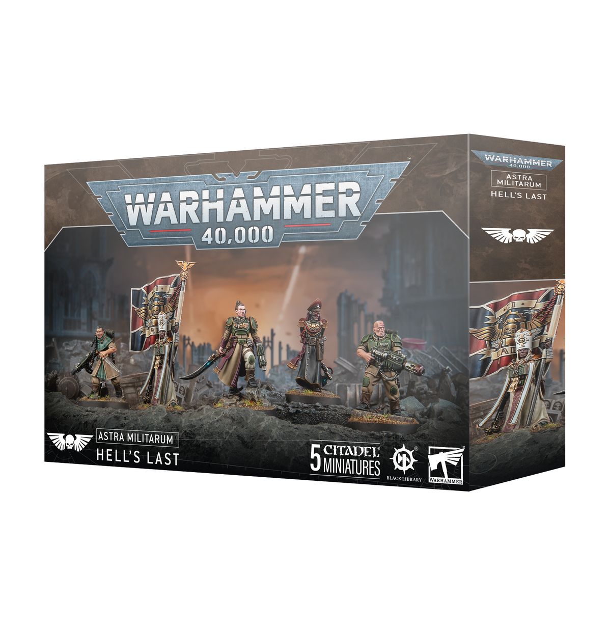 Warhammer 40,000 - Astra Militarum - Hell's Last - Warhammer 40,000 Astra Militarum Hell's Last set with five detailed grey plastic miniature soldiers and scenic battlefield.