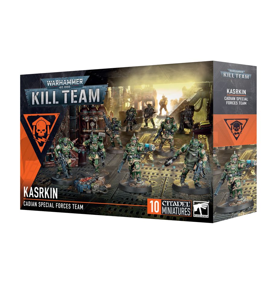 Warhammer 40,000 - Kill Team - Kasrkin - Warhammer 40,000 Kill Team Kasrkin box featuring ten detailed green and black armored miniatures with futuristic weapons on.