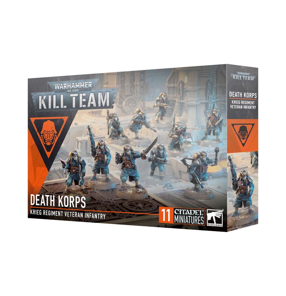 Warhammer 40,000 - Kill Team - Death Korps - Warhammer 40,000 Kill Team Death Korps box featuring 11 detailed miniature veteran infantry figures in dark armored uniforms