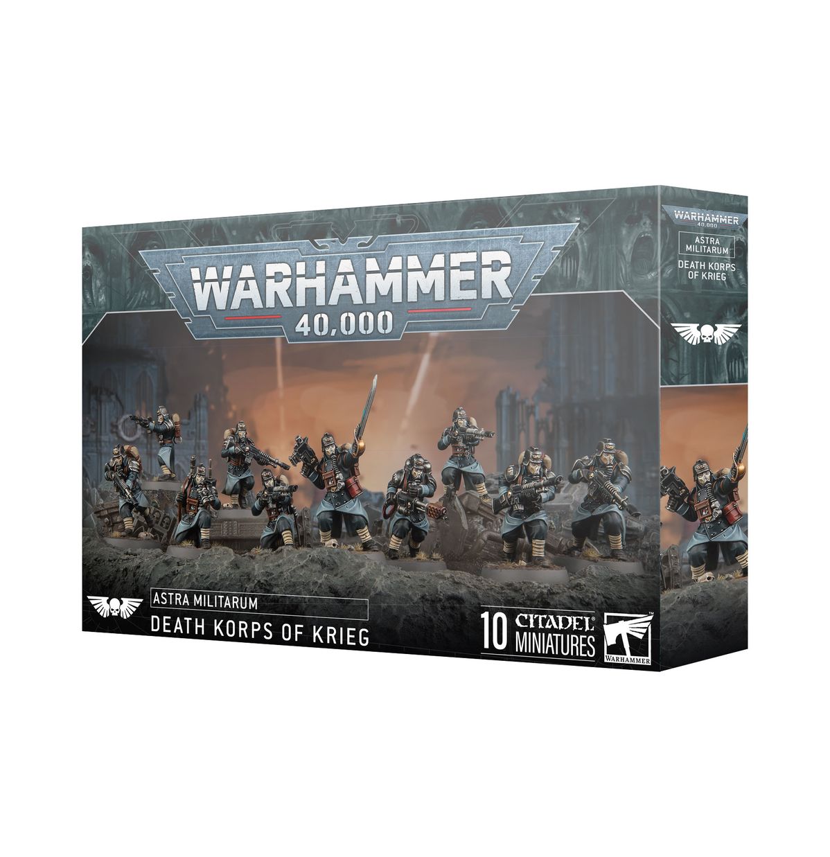 Warhammer 40,000 - Astra Militarum - Death Korps of Kreig - Warhammer 40,000 Death Korps of Krieg box featuring 10 unpainted military miniatures with dark armor and gas masks.