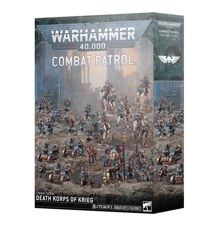 Warhammer 40,000 - Astra Militarum - Death Korps of Krieg Combat Patrol - Warhammer 40,000 Astra Militarum Death Korps of Krieg Combat Patrol box featuring detailed miniatures of soldiers in dark.