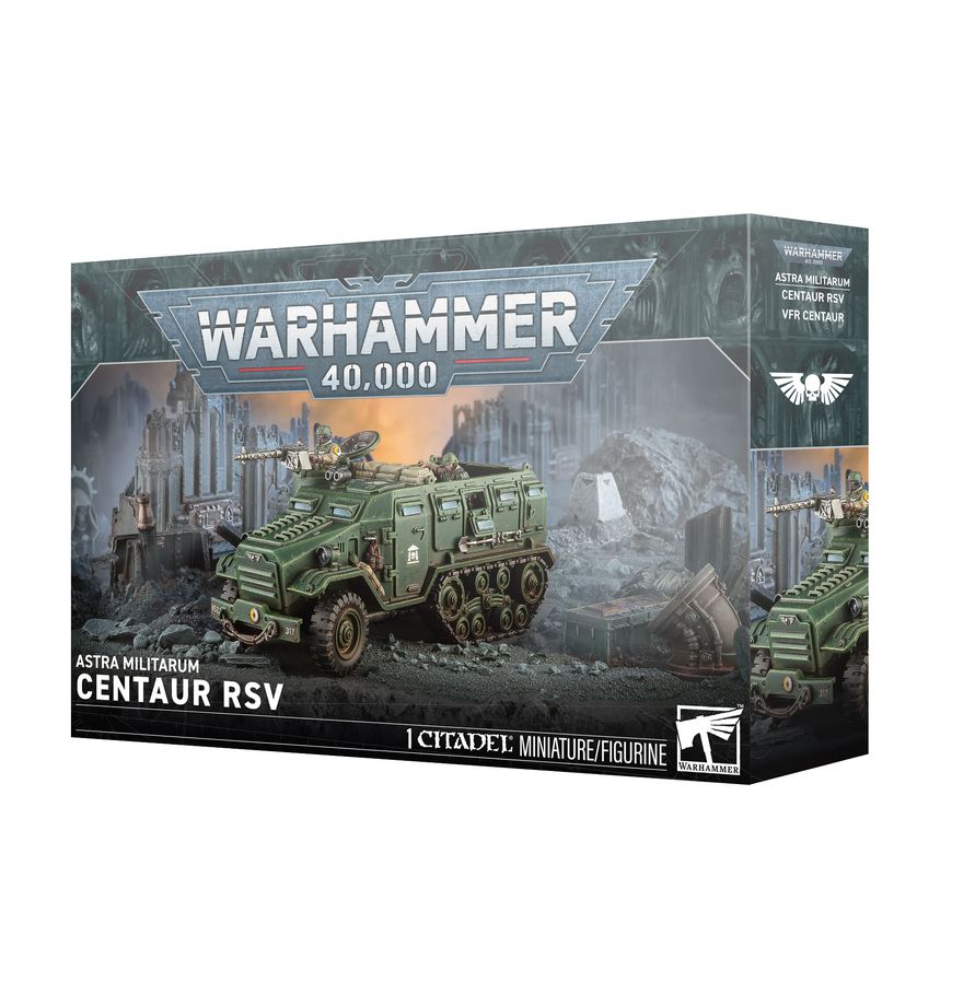 Warhammer 40,000 - Astra Militarum - Centaur RSV (PREORDER) - Boxed Warhammer 40,000 Astra Militarum Centaur RSV model kit with green armored vehicle artwork on front.