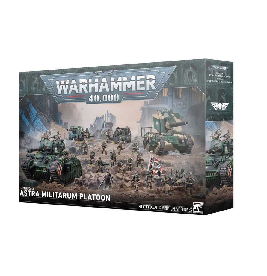 Warhammer 40,000 - Astra Militarum - Platoon Battleforce (PREORDER) - Warhammer 40,000 Astra Militarum Platoon Battleforce box featuring armored tanks and infantry miniatures in a battlefield.