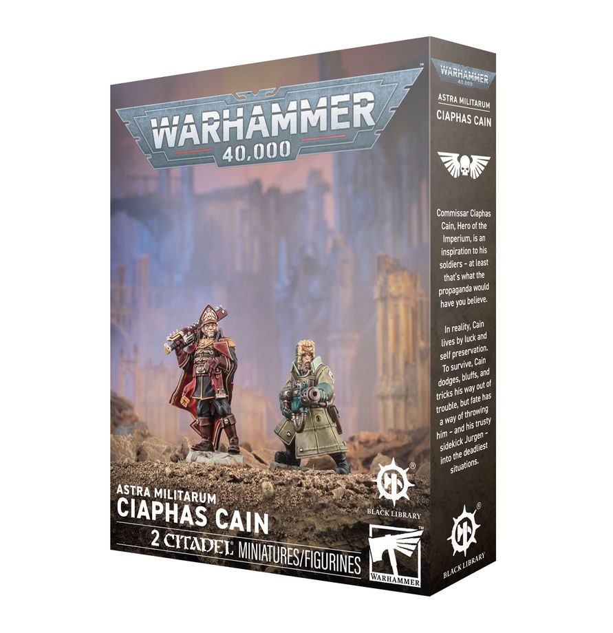 Warhammer 40,000 - Astra Militarum - Ciaphas Cain - Warhammer 40,000 Astra Militarum Ciaphas Cain box featuring two painted miniature figures with futuristic armor and weapons.