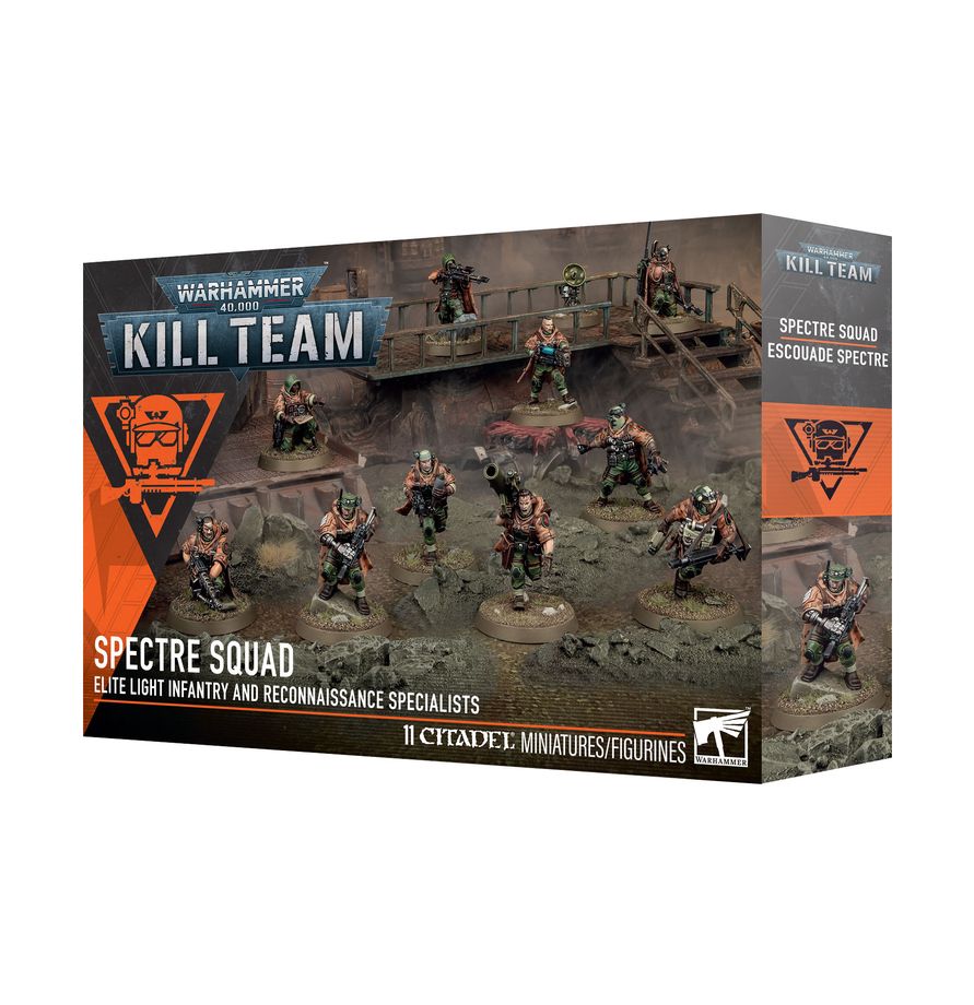 Warhammer 40,000 - Kill Team - Spectre Squad (PREORDER) - Warhammer 40,000 Kill Team Spectre Squad box featuring detailed miniature infantry in dark armor with orange accents, posed.