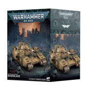 Warhammer 40,000 - Astra Miliarum - Baneblade (PREORDER) - Detailed tan and beige armored Warhammer 40,000 Astra Militarum Baneblade tank model on a dark, war-torn background.