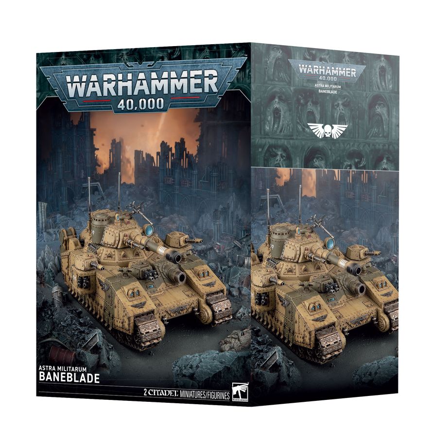 Warhammer 40,000 - Astra Miliarum - Baneblade (PREORDER) - Detailed tan and beige armored Warhammer 40,000 Astra Militarum Baneblade tank model on a dark, war-torn background.
