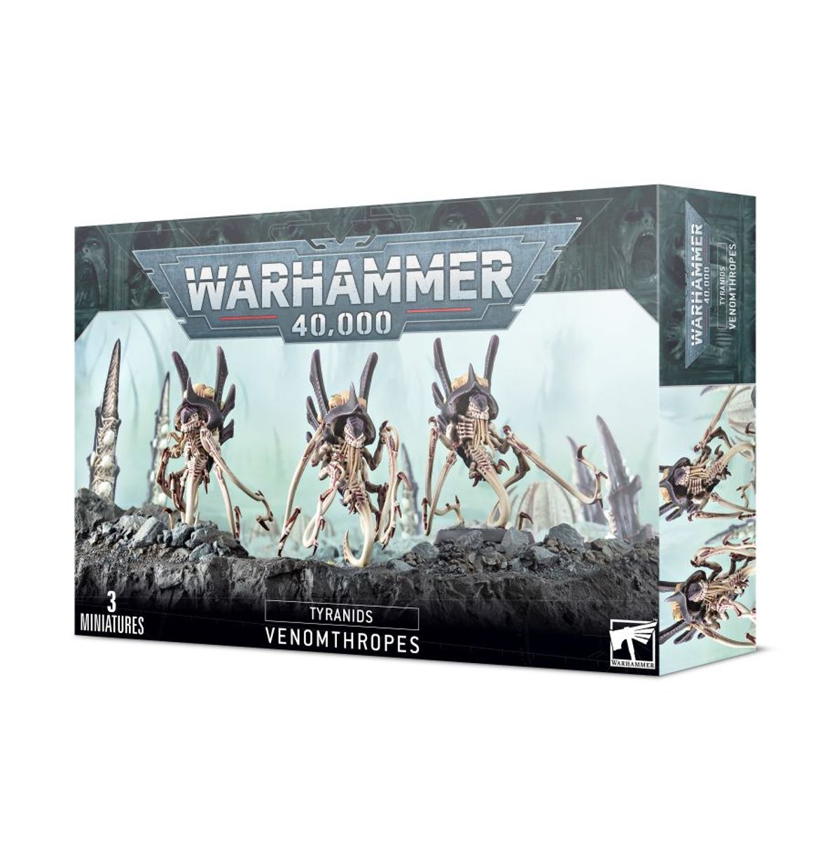 Warhammer 40,000 - Tyranids - Venomthropes - Set of three Tyranid Venomthropes miniatures with insectoid features, organic armor, and spiny appendages in muted brown and