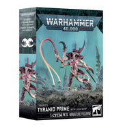 Warhammer 40,000 - Tyranids - Tyranid Prime with Lash Whip (PREORDER) - Purple and pink alien Tyranid Prime miniature with whip-like weapons, set on rocky base in Warhammer 40K box.