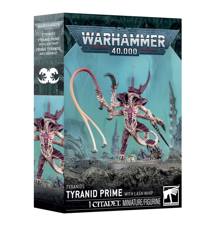 Warhammer 40,000 - Tyranids - Tyranid Prime with Lash Whip (PREORDER) - Purple and pink alien Tyranid Prime miniature with whip-like weapons, set on rocky base in Warhammer 40K box.